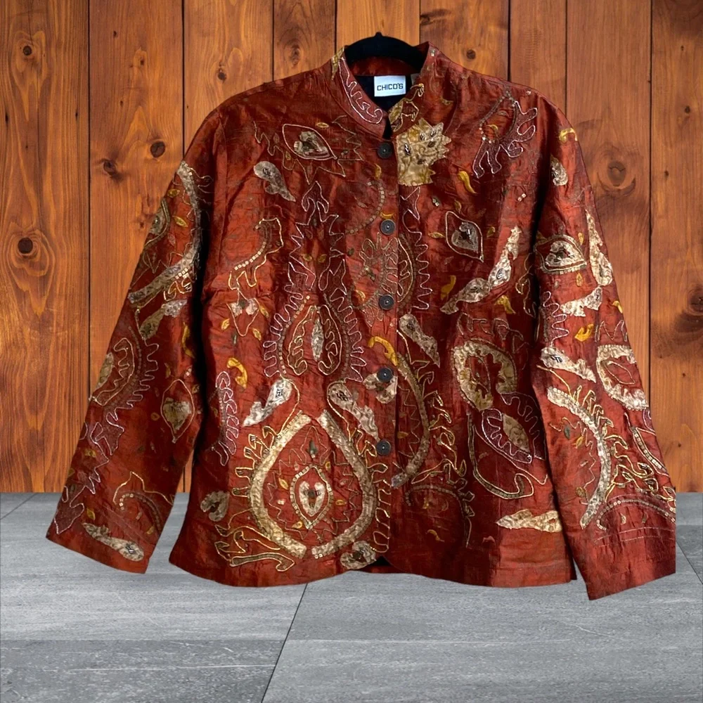 Chicos Silk Jacket/cardigan Embroidered Size 0 - Picture 4 of 6